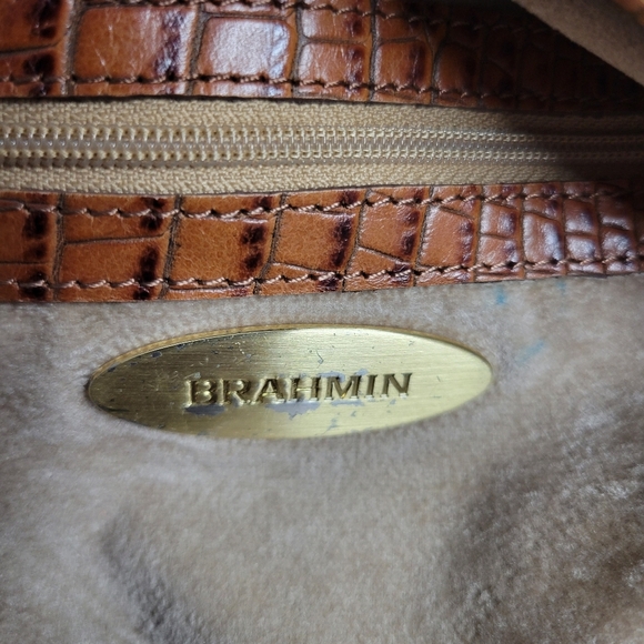 Brahmin Monogram Tan And Brown Canvas Croc Leather Shoulder Bag. - Picture 14 of 16